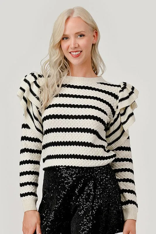 Sue Stripe Pattern Knit Ruffle Detail Sweater [S-3X]