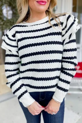 Sue Stripe Pattern Knit Ruffle Detail Sweater [S-3X]