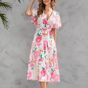 Trumpet Sleeve Printed Low Cut Dress Wholesale Dresses