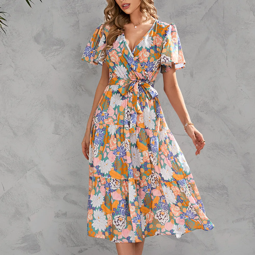 Trumpet Sleeve Printed Low Cut Dress Wholesale Dresses