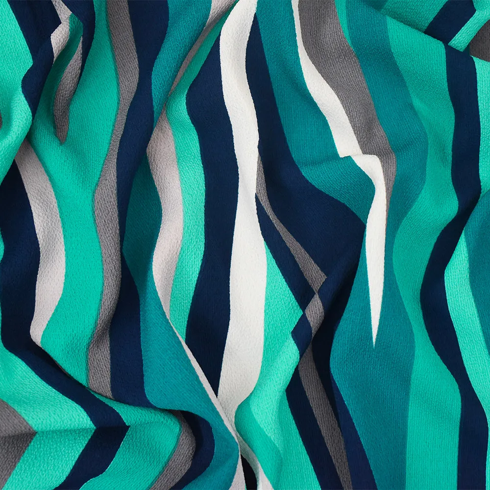 Turquoise-Multi Abstract Geometric Stripe Printed Pebble Georgette Fabric