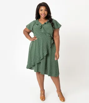 Unique Vintage Plus Size 1940s Green & White Polka Dot Luella Wrap Dress