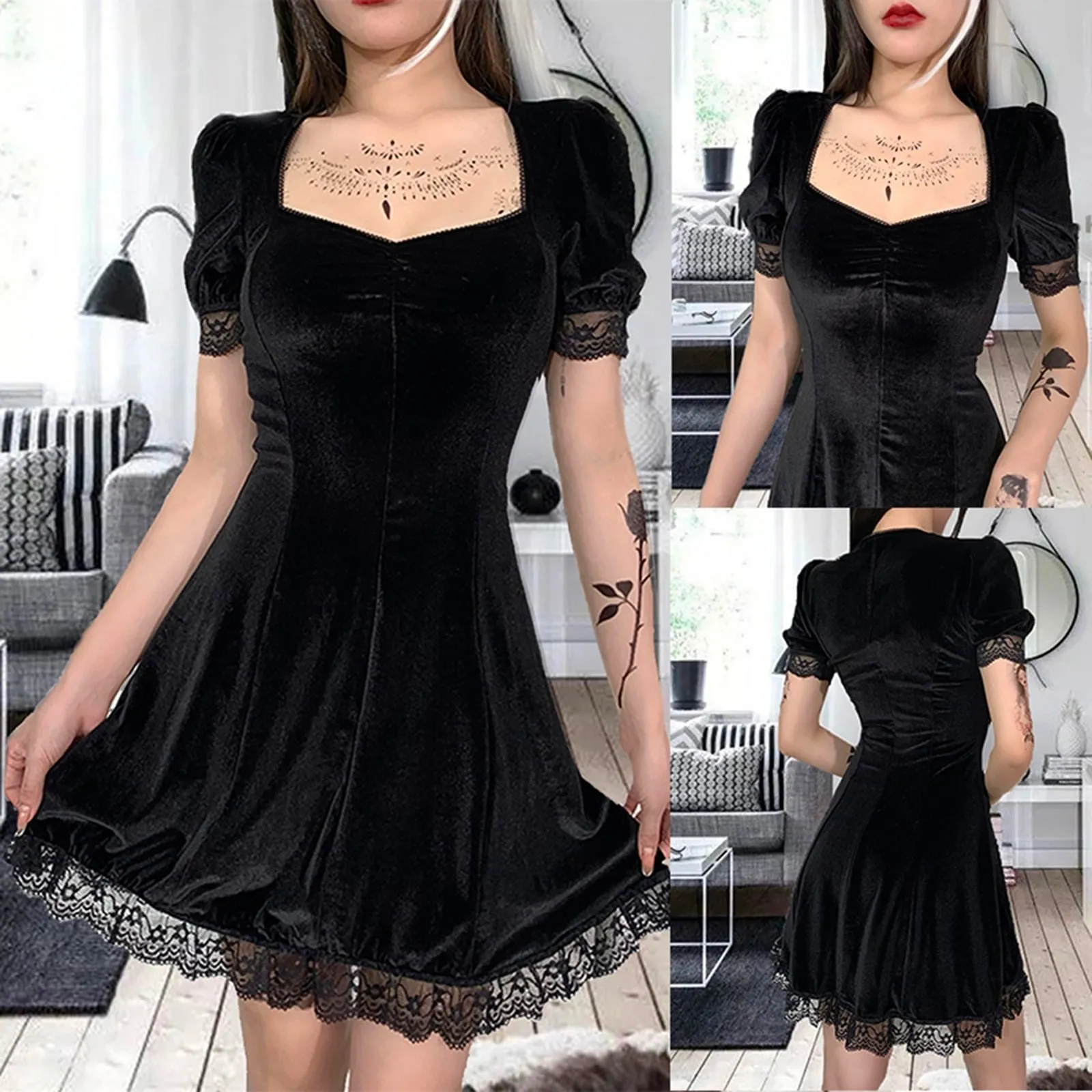 VenusFox Vintage Dark Black Dress Velvet Dress Mall Goth Y2k Sexy Square Collar Puff Sleeve Lace Patchwork High Waist Party Dress Vestido