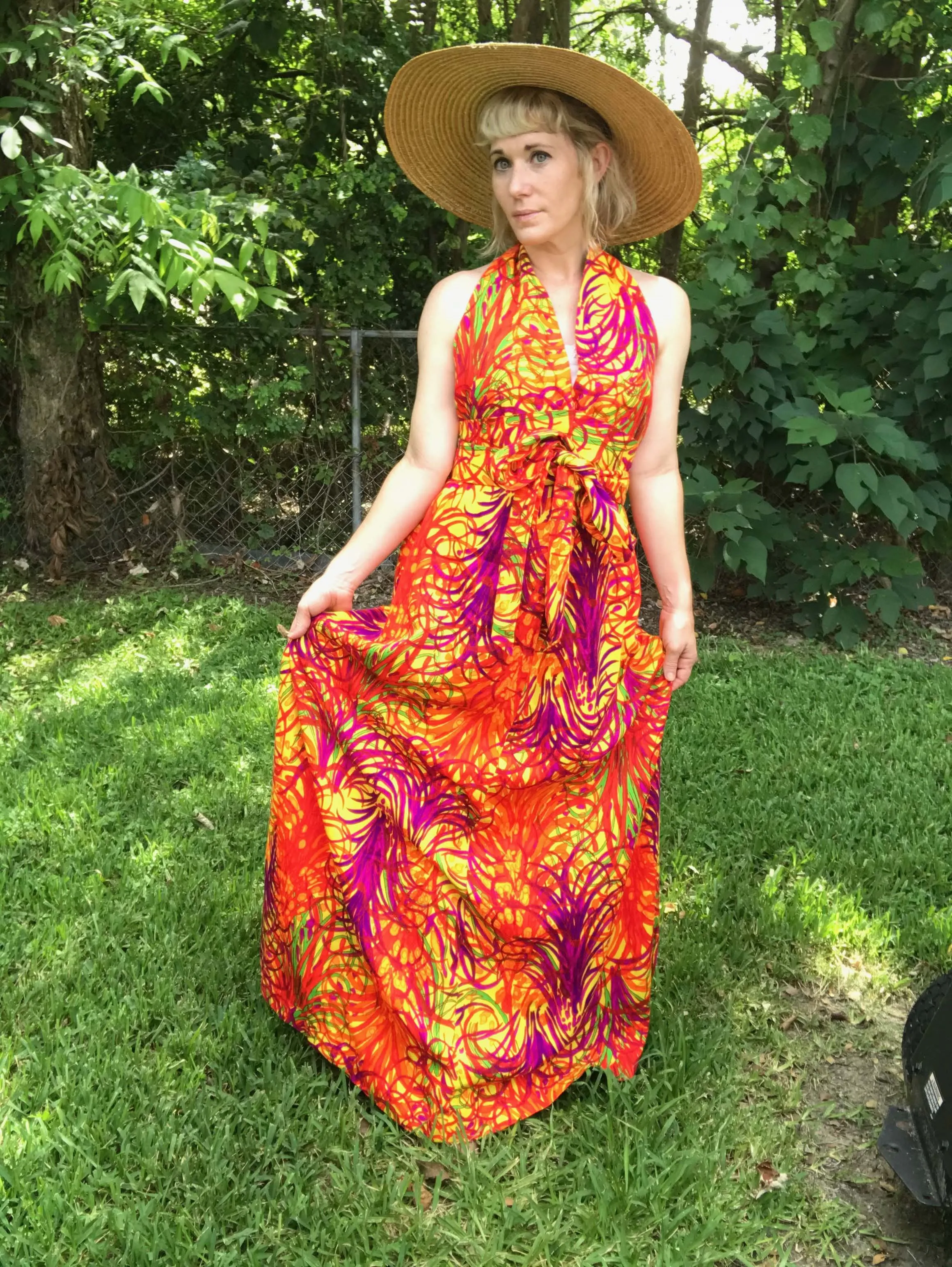 Vintage 70s | Psychedelic Day Glo Hawaiian Bohemian Hippie Maxi Festival Dress S