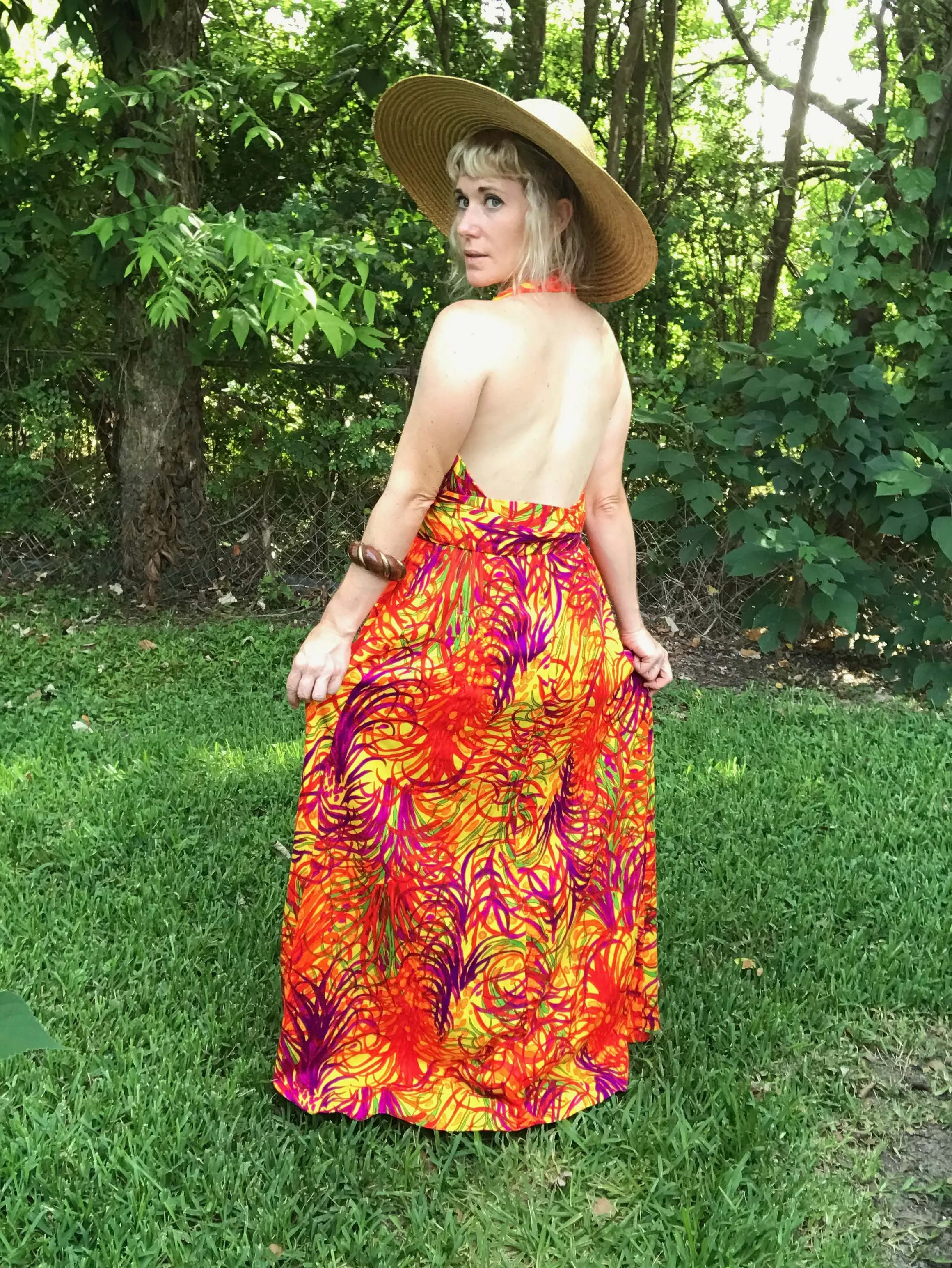 Vintage 70s | Psychedelic Day Glo Hawaiian Bohemian Hippie Maxi Festival Dress S