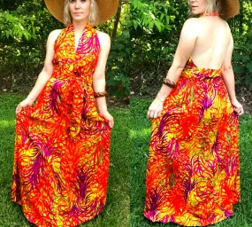 Vintage 70s | Psychedelic Day Glo Hawaiian Bohemian Hippie Maxi Festival Dress S