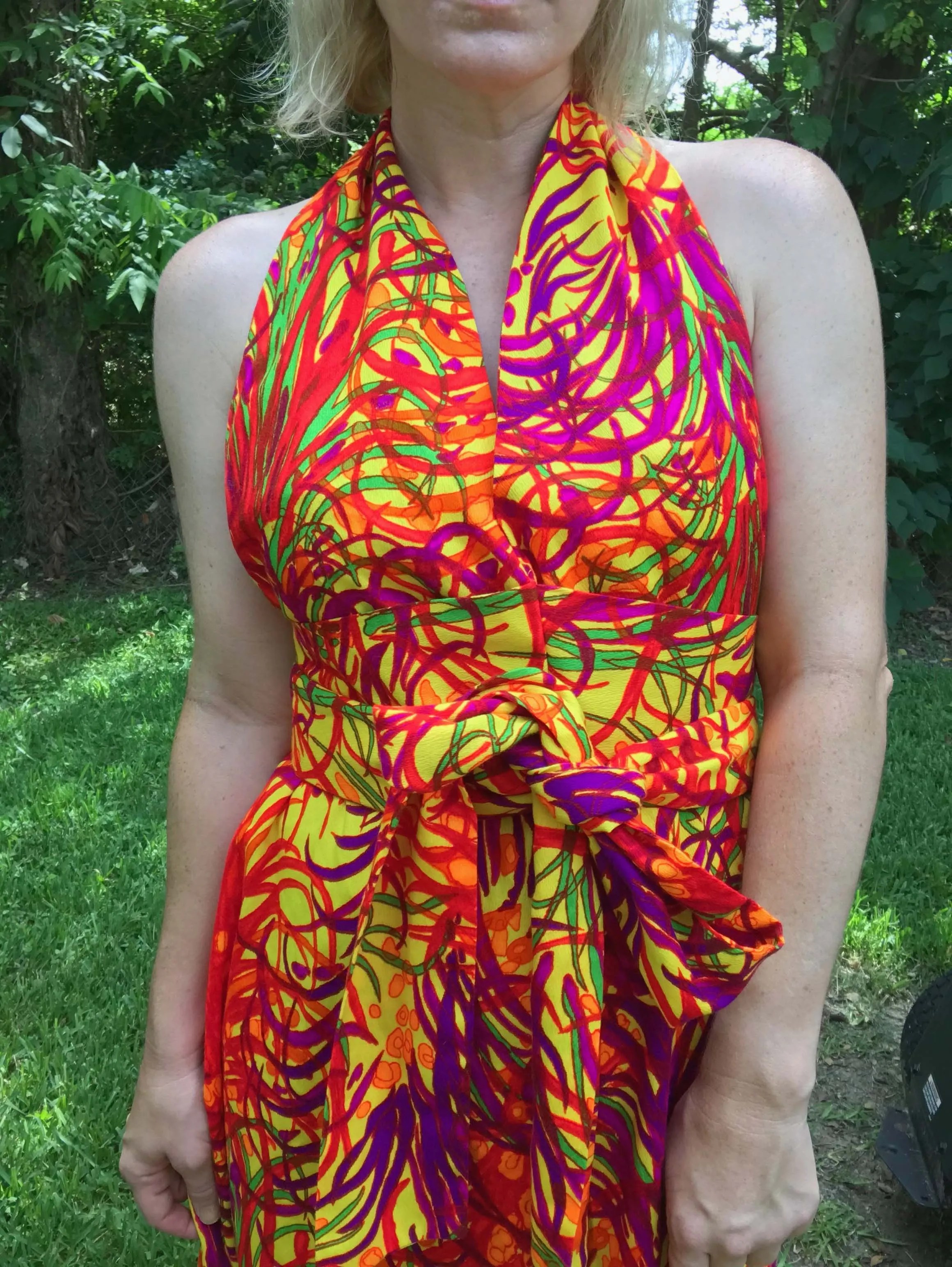 Vintage 70s | Psychedelic Day Glo Hawaiian Bohemian Hippie Maxi Festival Dress S