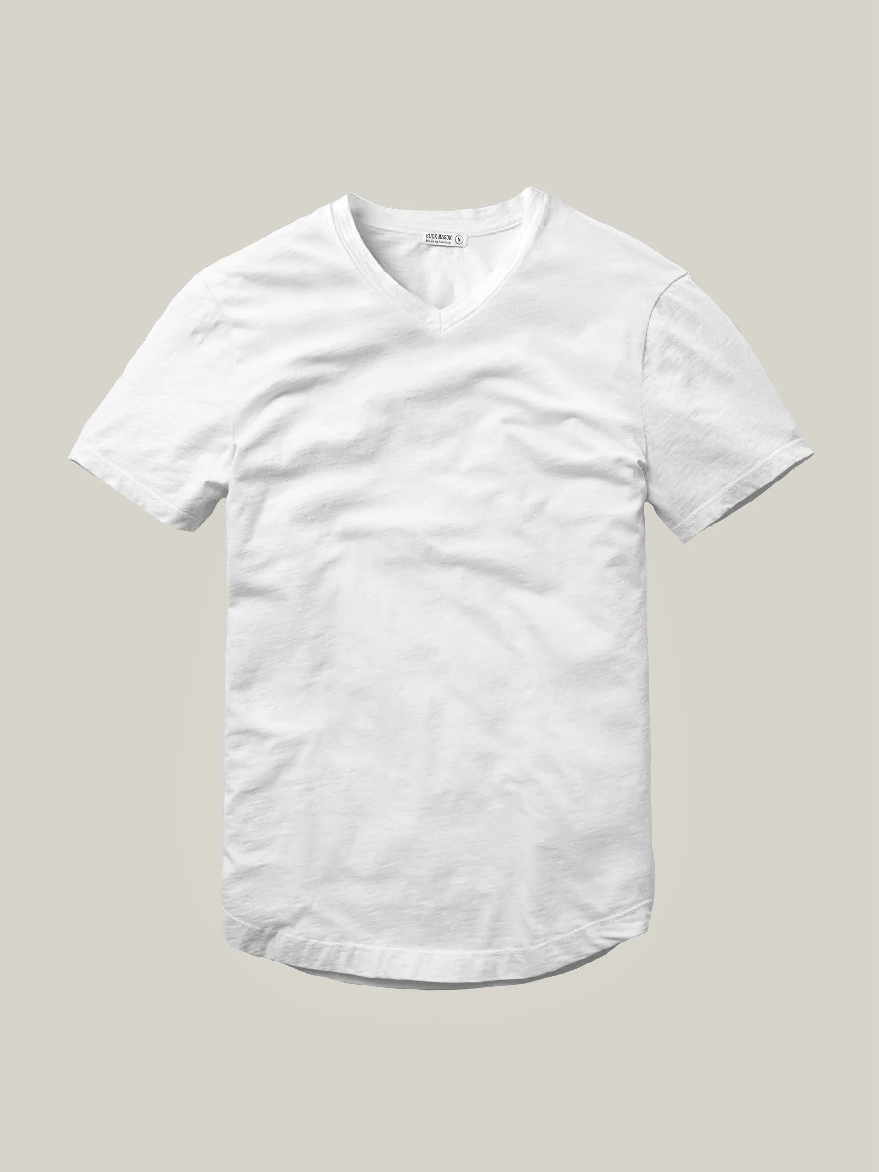 White Slub Curved Hem V-Neck