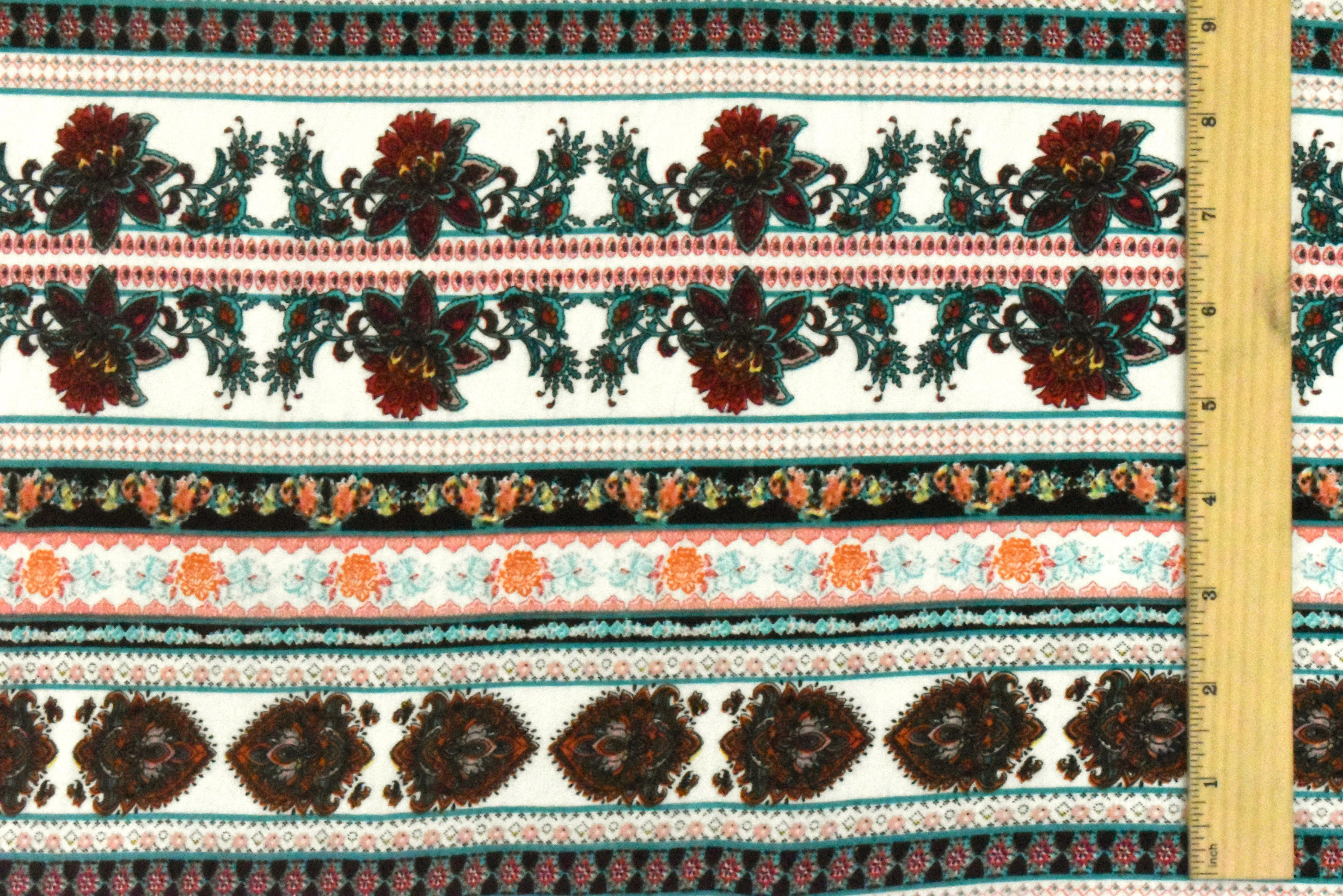 White-Teal-Multi Mix Pattern Stripe Print Rayon Stretch Jersey Knit Fabric