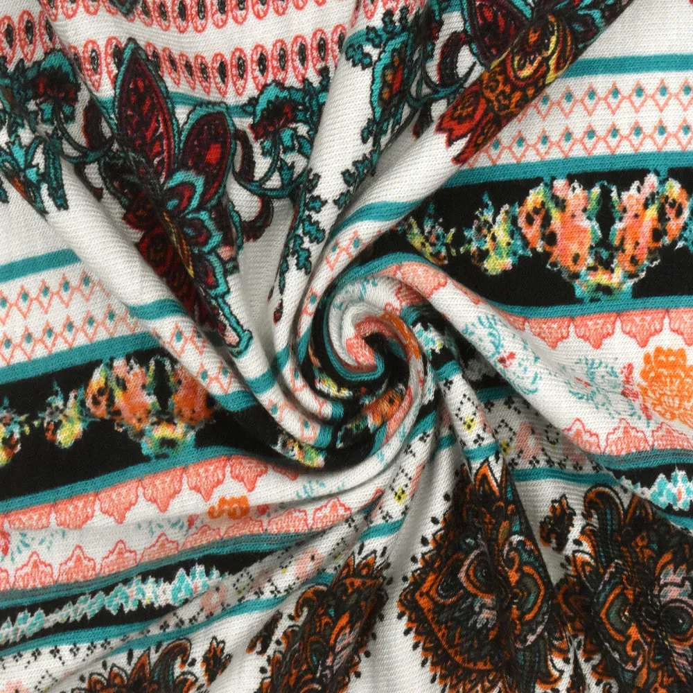 White-Teal-Multi Mix Pattern Stripe Print Rayon Stretch Jersey Knit Fabric