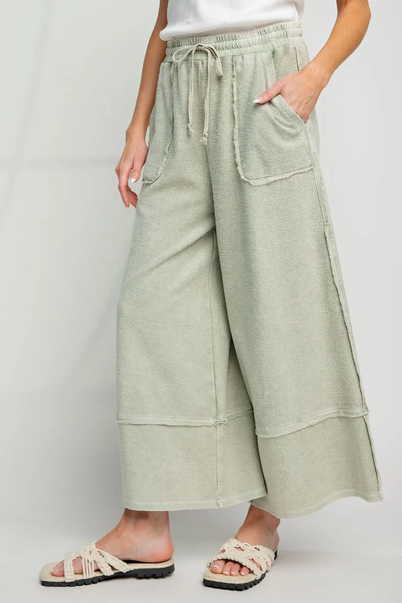 Wide Leg Upside Down Terry Knit Palazzo Pants FADED OLIVE