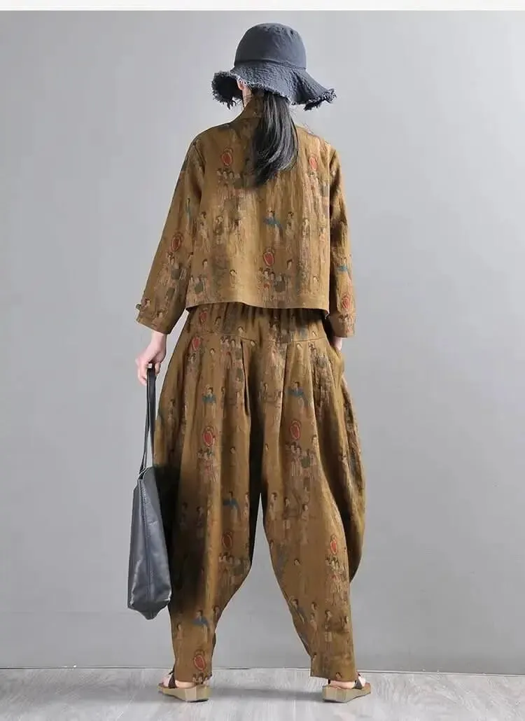 Women Harem Pants Earthy Yellow Linen Harem Pants and Short Jacket Suit