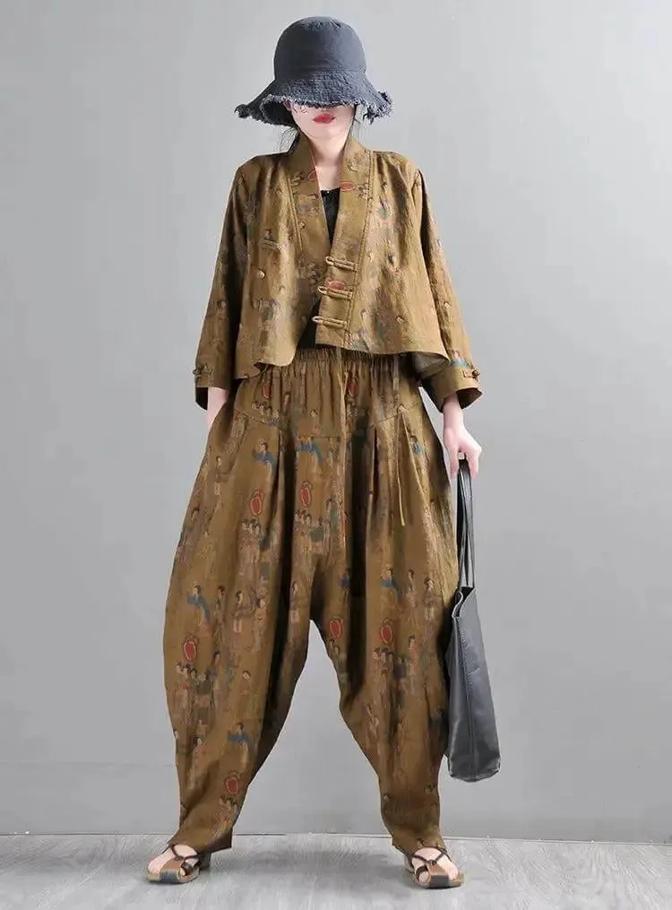 Women Harem Pants Earthy Yellow Linen Harem Pants and Short Jacket Suit