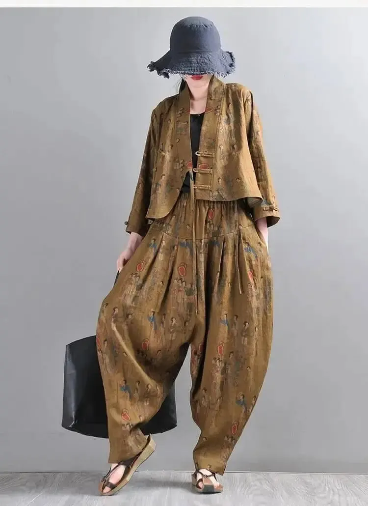 Women Harem Pants Earthy Yellow Linen Harem Pants and Short Jacket Suit