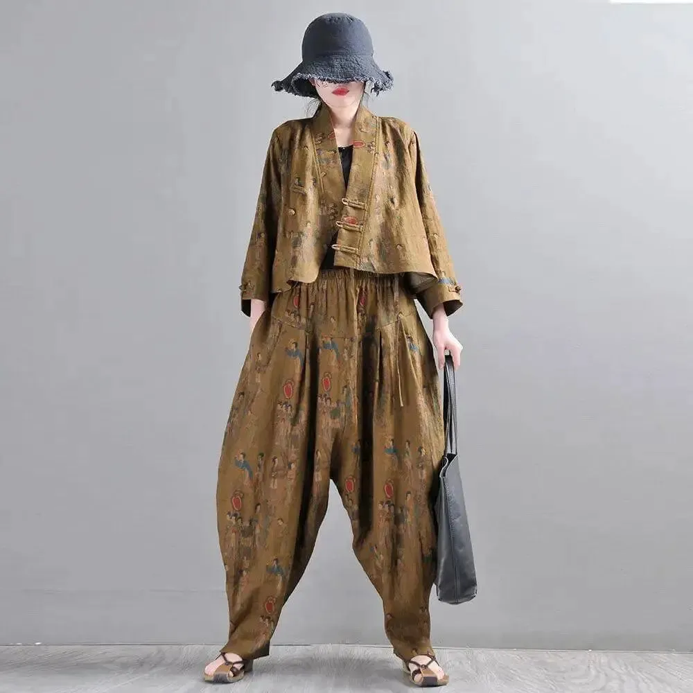 Women Harem Pants Earthy Yellow Linen Harem Pants and Short Jacket Suit