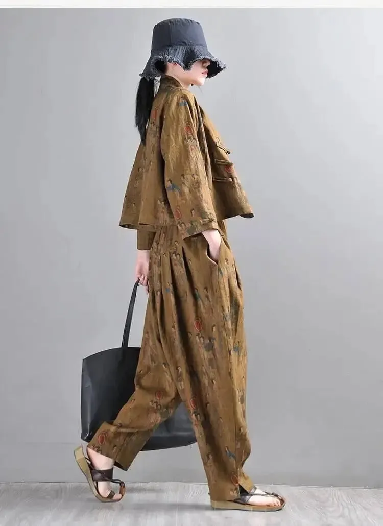 Women Harem Pants Earthy Yellow Linen Harem Pants and Short Jacket Suit