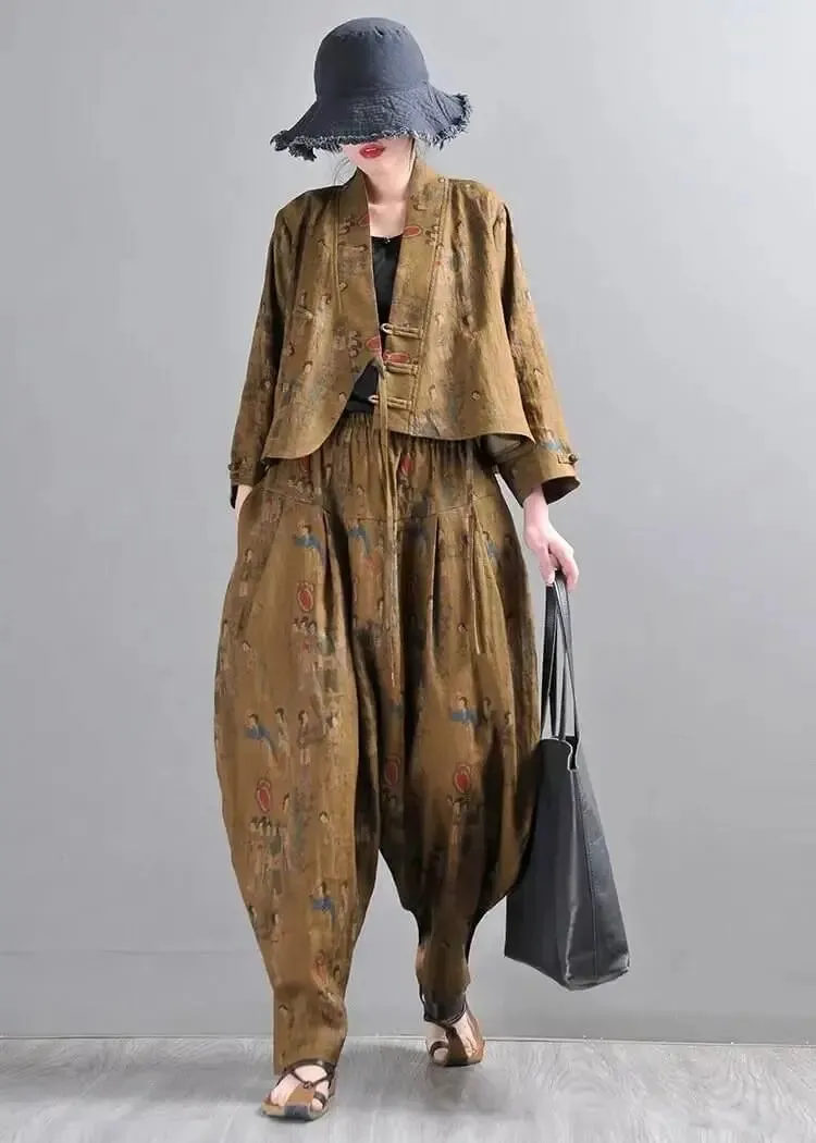 Women Harem Pants Earthy Yellow Linen Harem Pants and Short Jacket Suit