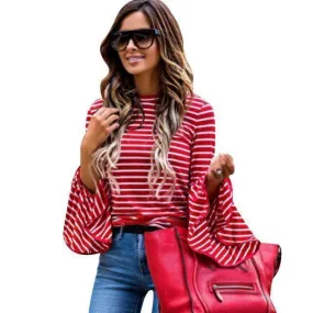 Women Vintage Fashion White And Red Striped Shirt Blouses Cotton Blend Tops retro roupas Flare Sleeve femininas shirts