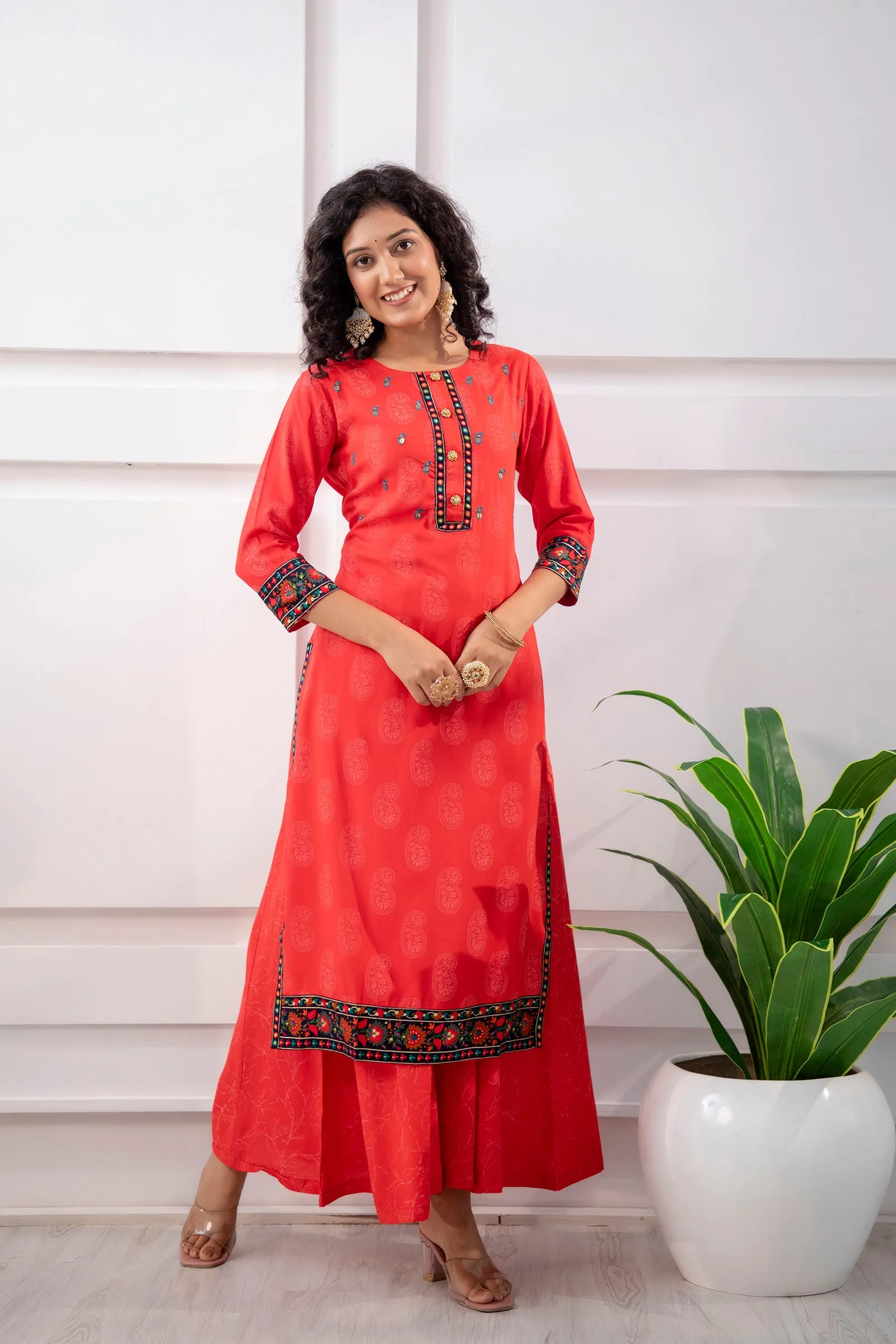 Women's Rayon Red Straight Kurta and Palazzo Set