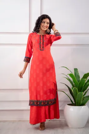 Women's Rayon Red Straight Kurta and Palazzo Set