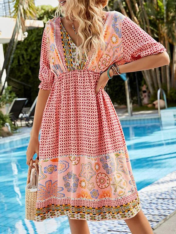 Women's Woven V-Neck Short Sleeve Bohemian Resort Dress