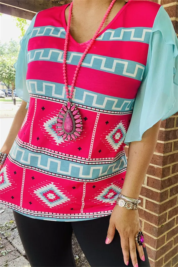 XCH15223 Aztec blue&fuchsia multi color printed ruffle short sleeve women tops