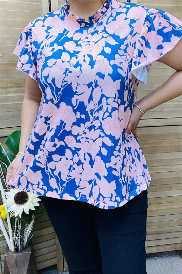 XCH15808 Teal/pink color printed ruffle short sleeve women tops w/ruffle round neckline